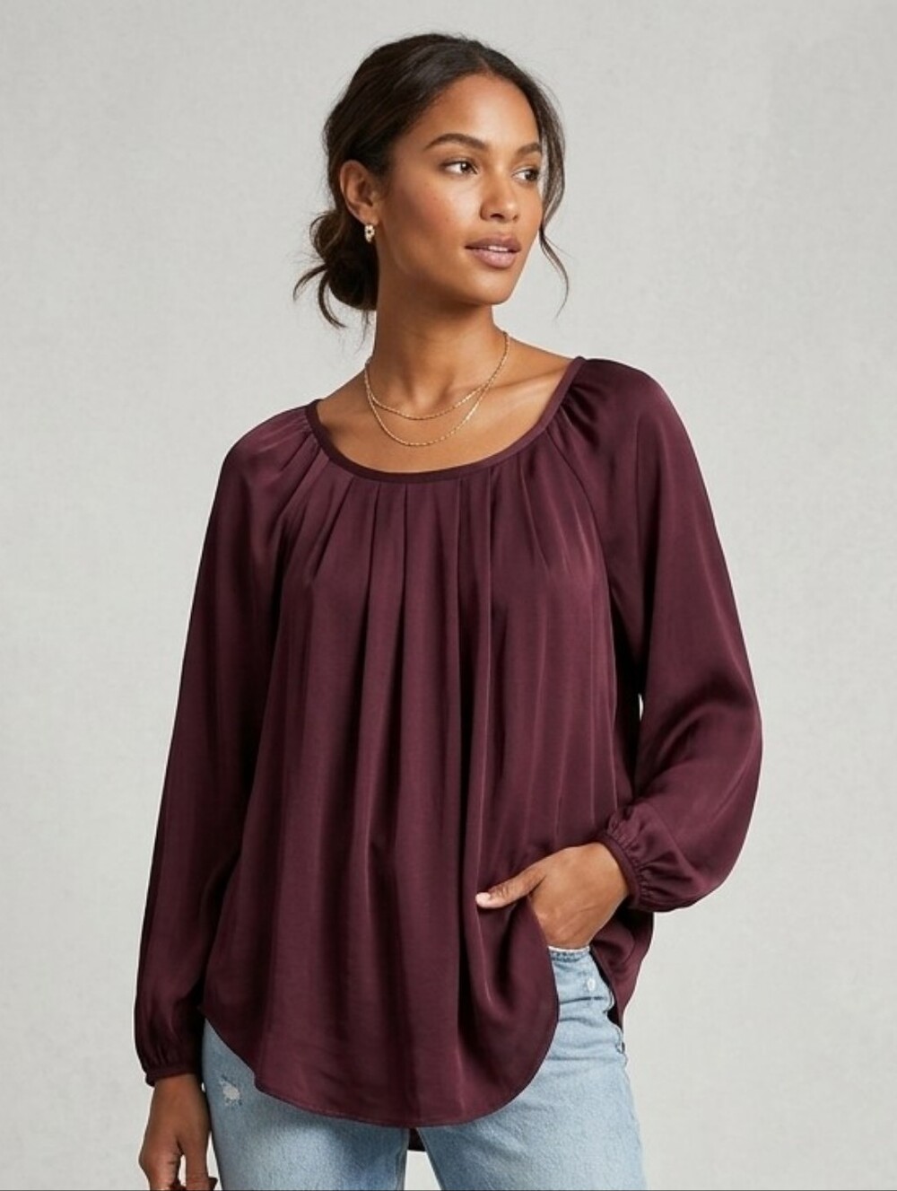 LOFT Burgundy Wine Satin 100% Viscose Pleated Blouse Flattering Square Neckline